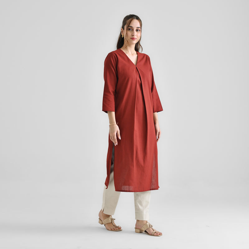 Brown Linen Cotton Kurta with Inverted Pleat Detail