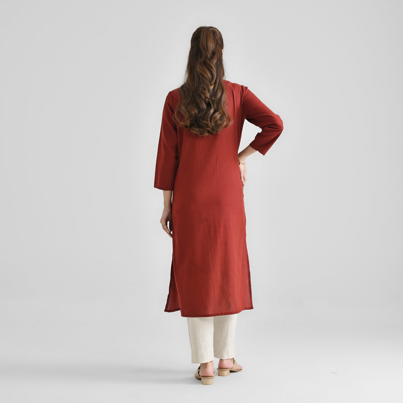 Brown Linen Cotton Kurta with Inverted Pleat Detail