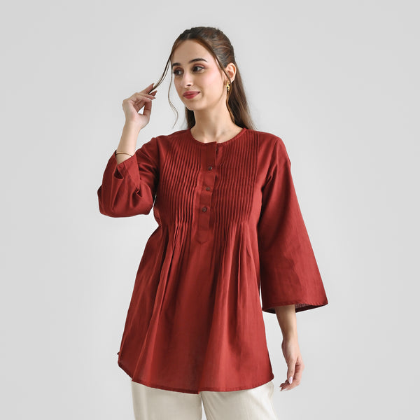 Brown Linen Cotton Tunic with Pintuck Detail