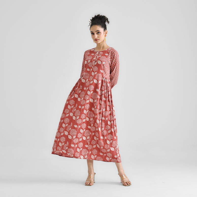 Brick Red Floral & Striped Dabu Cotton Dress with Side Gathers