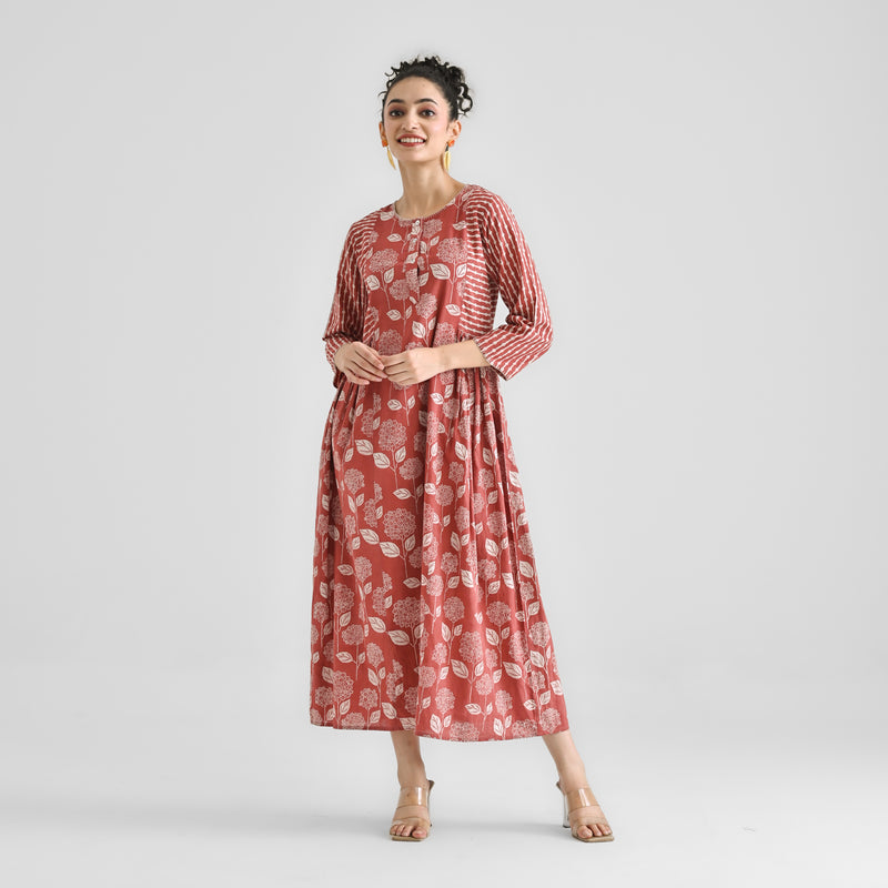 Brick Red Floral & Striped Dabu Inspired Cotton Dress with Side Gathers