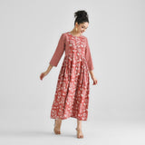 Brick Red Floral & Striped Dabu Cotton Dress with Side Gathers