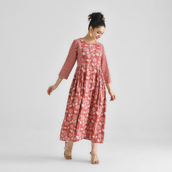 Brick Red Floral & Striped Dabu Cotton Dress with Side Gathers