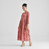 Brick Red Floral & Striped Dabu Cotton Dress with Side Gathers