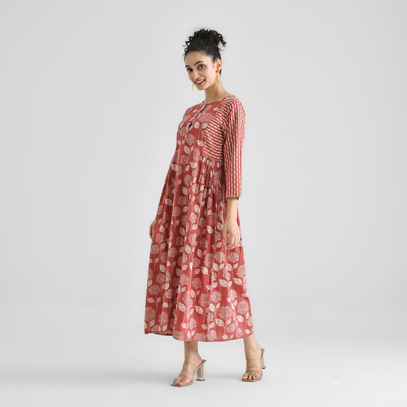 Brick Red Floral & Striped Dabu Inspired Cotton Dress with Side Gathers