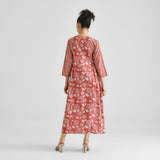 Brick Red Floral & Striped Dabu Inspired Cotton Dress with Side Gathers