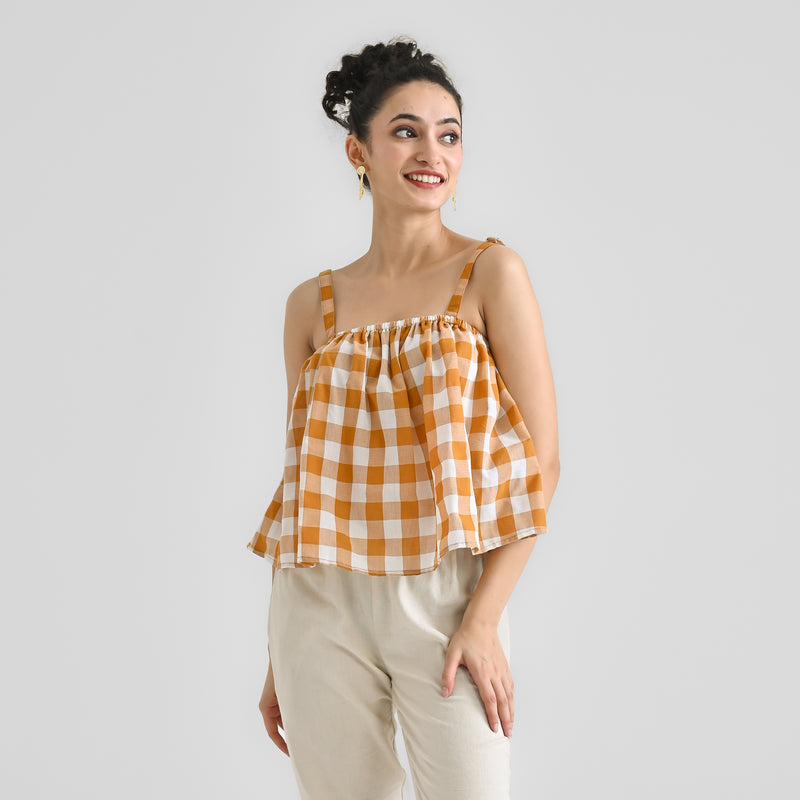 Mustard Woven Cotton Crop Top with Adjustable Strap Detail