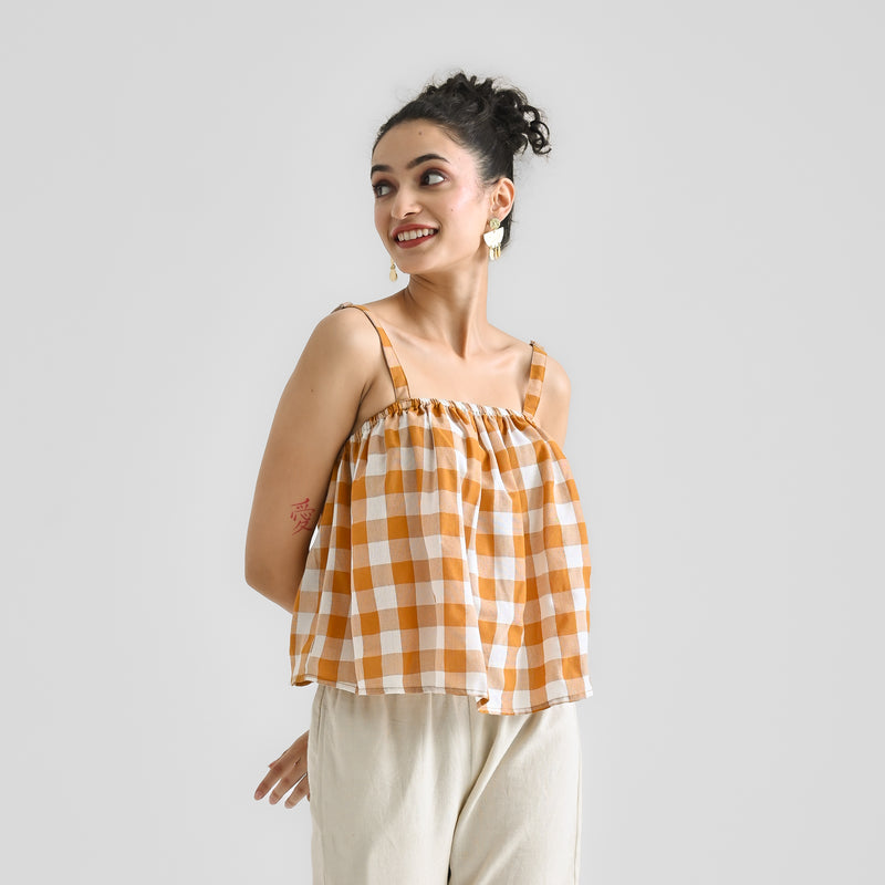 Mustard Woven Cotton Crop Top with Adjustable Strap Detail