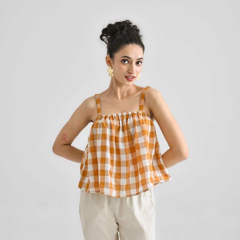 Mustard Woven Cotton Crop Top with Adjustable Strap Detail