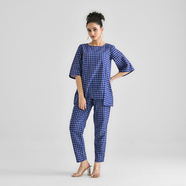 Blue Woven Cotton Co-ord Set with Slit Detail