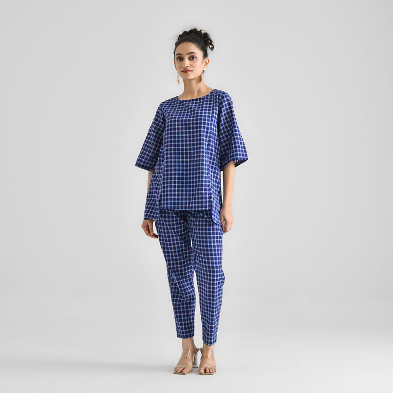 Blue Woven Cotton Co-ord Set with Slit Detail