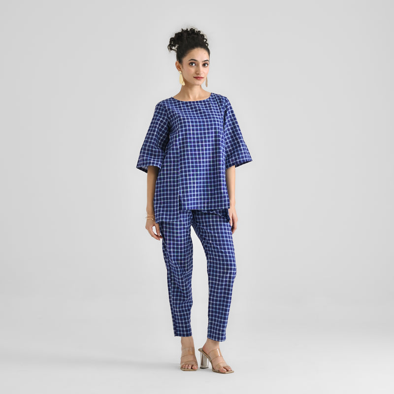 Blue Woven Cotton Co-ord Set with Slit Detail