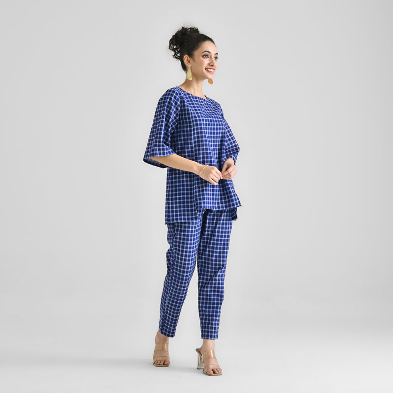 Blue Woven Cotton Co-ord Set with Slit Detail