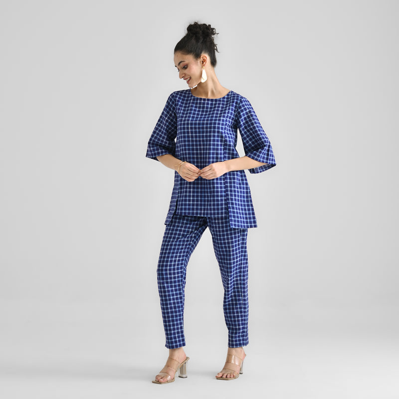 Blue Woven Cotton Co-ord Set with Slit Detail