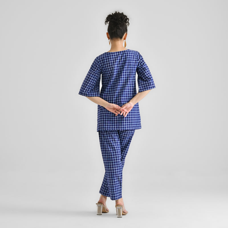 Blue Woven Cotton Co-ord Set with Slit Detail