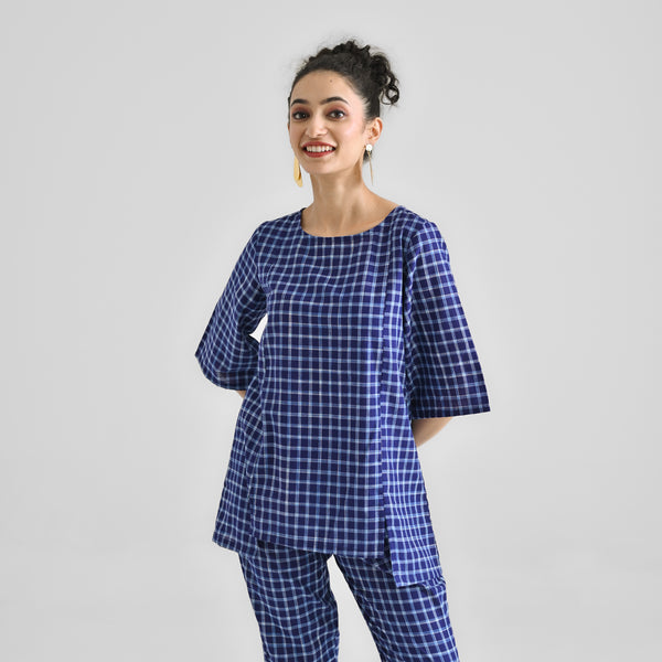 Blue Woven Cotton Co-ord Set with Slit Detail