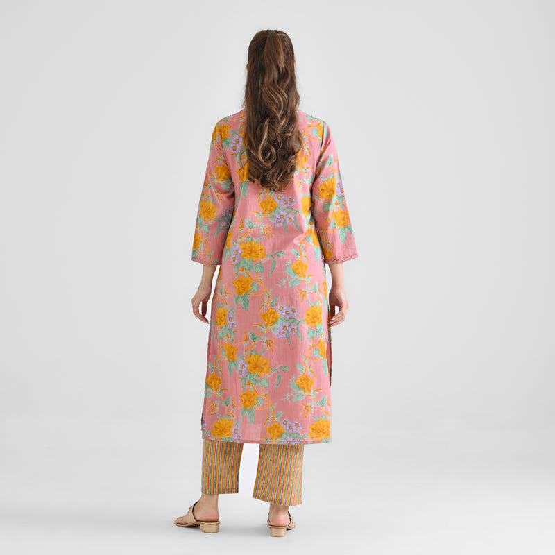 Dusty Pink Sanganeri Floral Printed Cotton Kurta with Lace Detail