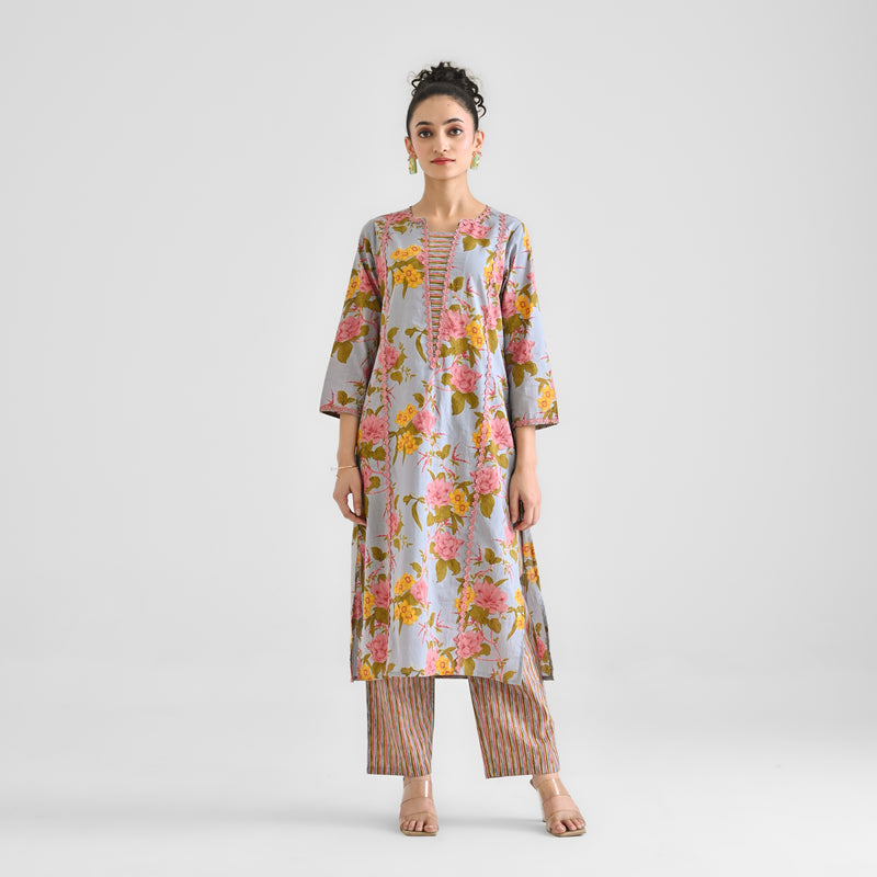 Powder Blue Sanganeri Floral Printed Cotton Kurta with Lace Detail