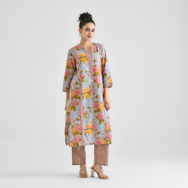 Powder Blue Sanganeri Floral Printed Cotton Kurta with Lace Detail