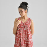 Brick Red Dabu Floral Sleeveless Dress with Neckline & Centre Front Detail