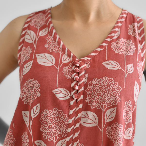 Brick Red Dabu Inspired Floral Sleeveless Dress with Neckline & Centre Front Detail