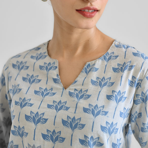 Light Blue Lotus Dabu Printed Cotton Co-ord Set with Notch Neckline