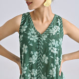 Moss Green Dabu Floral Sleeveless Dress with Neckline & Centre Front Detail