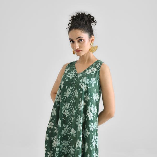 Moss Green Dabu Floral Sleeveless Dress with Neckline & Centre Front Detail
