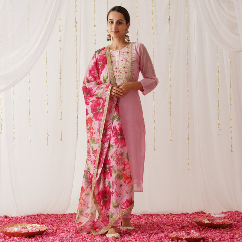 Pink Embroidered Chanderi Kurta Set with Dupatta