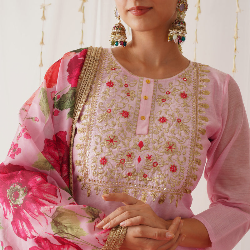 Pink Embroidered Chanderi Kurta Set with Dupatta