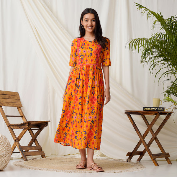 Mustard Ikat Printed Maxi Dress with Waist Tie Up Detail – Rustorange