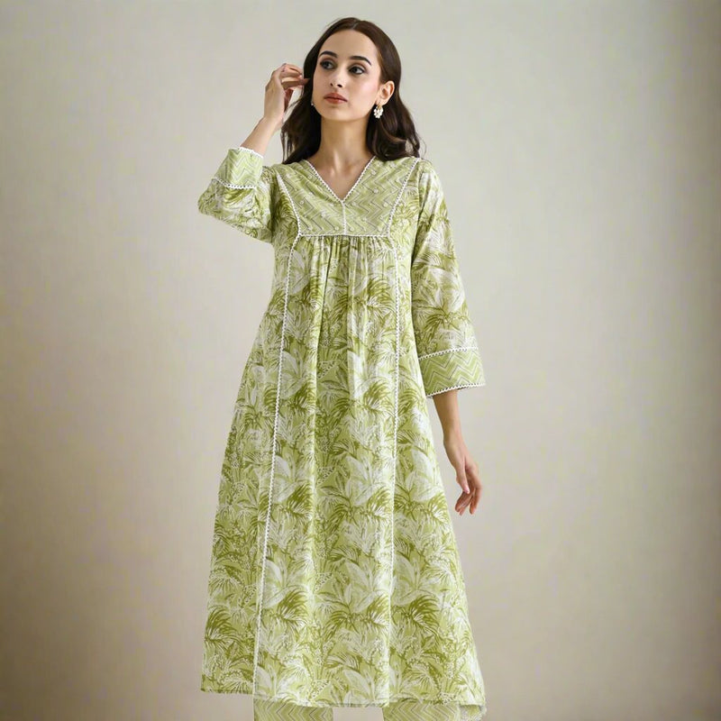 Lime Green Sanganeri Cotton Kurta with Embroidery & Lace Details