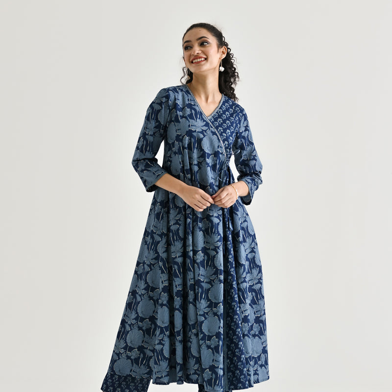 Indigo Floral Angarakha Cotton Kurta with Embroidered Neckline