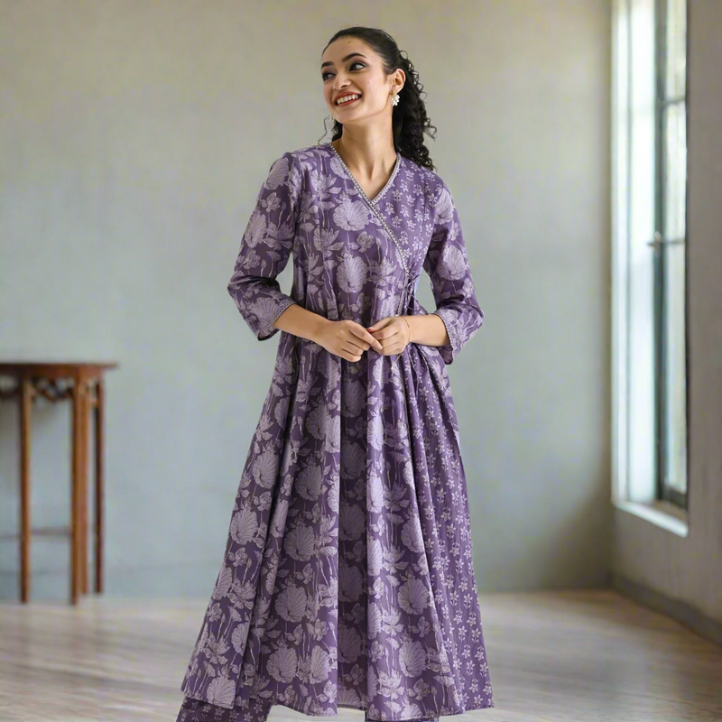 Lavender Floral Angarakha Cotton Kurta with Embroidered Neckline