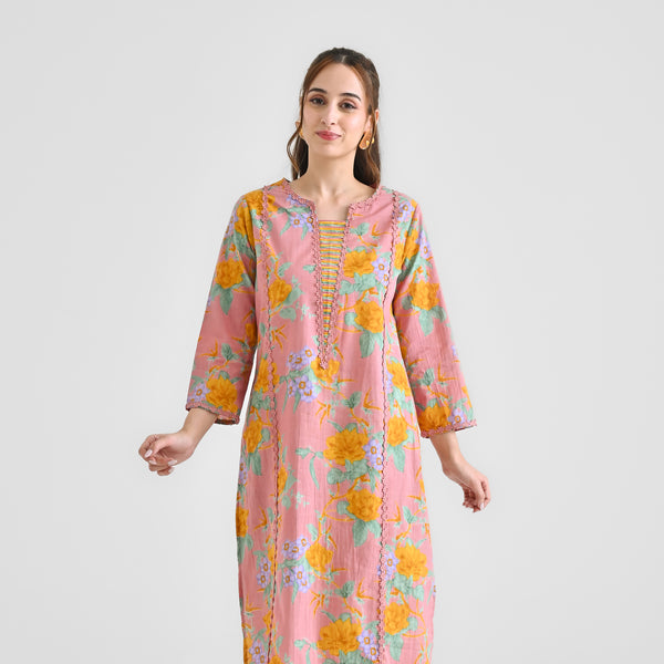 Dusty Pink Floral Sanganeri Inspired Cotton Kurta with Lace Detail