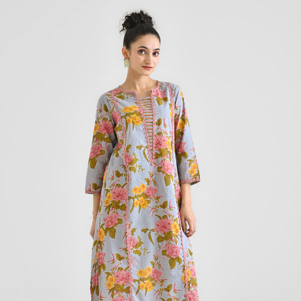 Powder Blue Sanganeri Floral Printed Cotton Kurta with Lace Detail