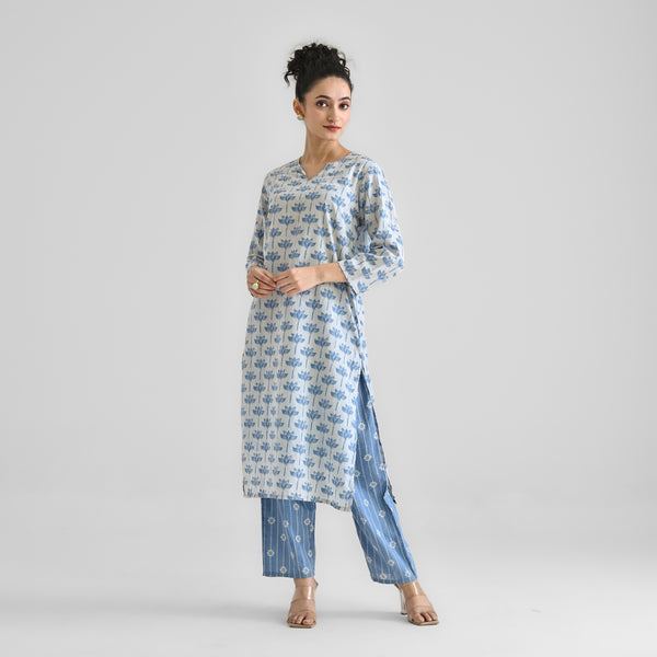 Light Blue Lotus Dabu Printed Cotton Co-ord Set with Notch Neckline