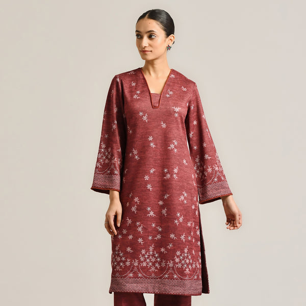 Maroon Contemporary Woollen Kurta with Lace Detail