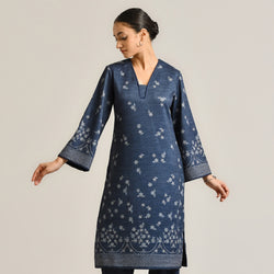 Blue Contemporary Woollen Kurta with Lace Detail