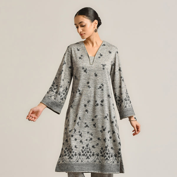 Grey Contemporary Woollen Kurta with Lace Detail