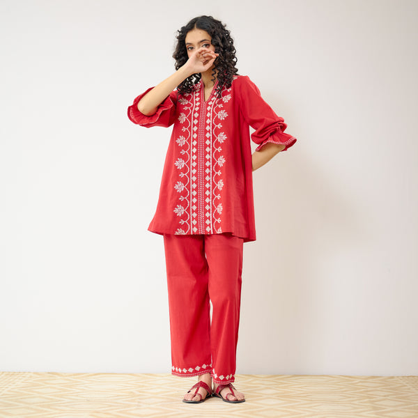 Flounce Sleeved Embroidered Slub Cotton Co-ord Set - Red