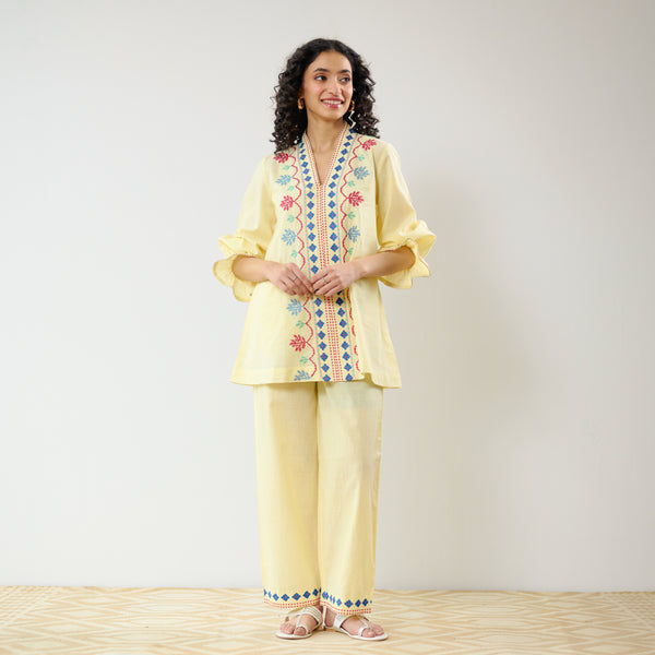 Flounce Sleeved Embroidered Slub Cotton Co-ord Set - Mango Yellow