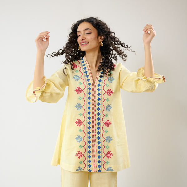 Flounce Sleeved Embroidered Slub Cotton Co-ord Set - Mango Yellow