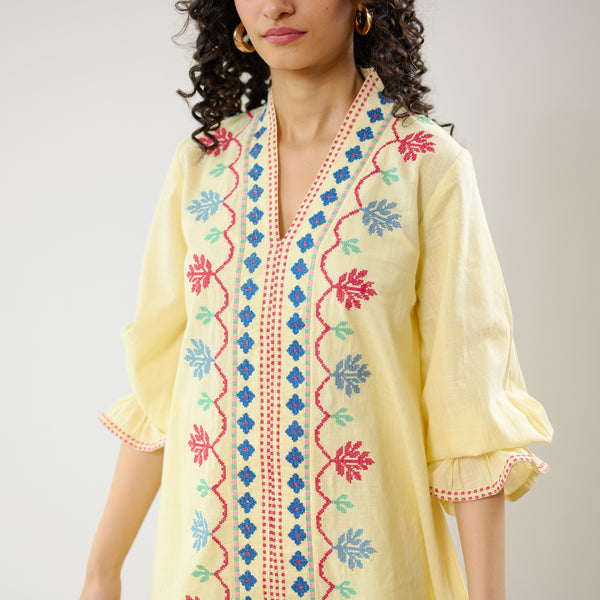 Flounce Sleeved Embroidered Slub Cotton Co-ord Set - Mango Yellow