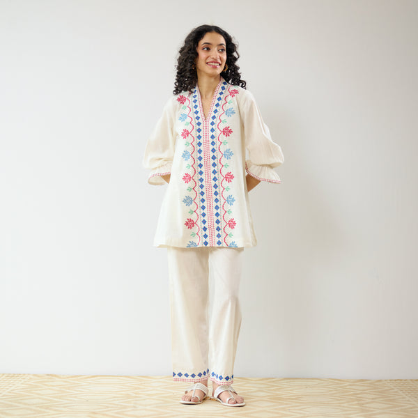 Flounce Sleeved Embroidered Slub Cotton Co-ord Set - White