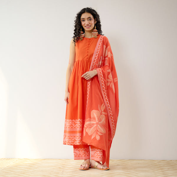 Daisy Cotton Kurta Set with Dupatta - Orange