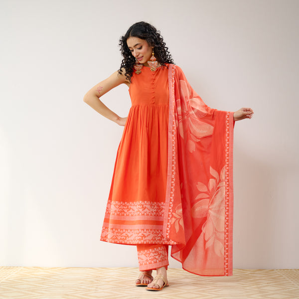 Daisy Cotton Kurta Set with Dupatta - Orange