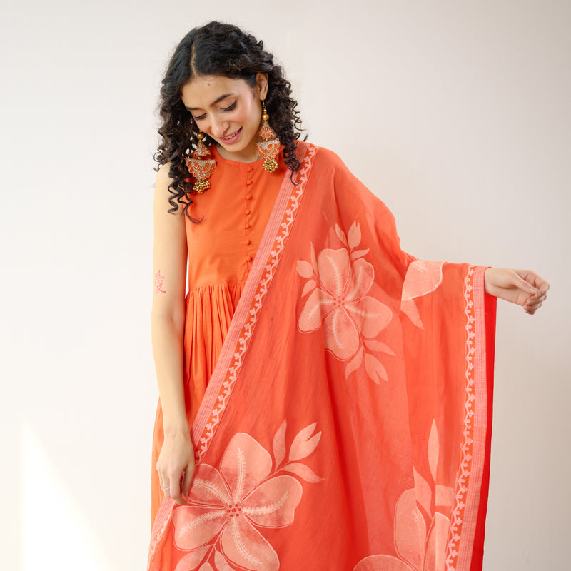 Daisy Cotton Kurta Set with Dupatta - Orange