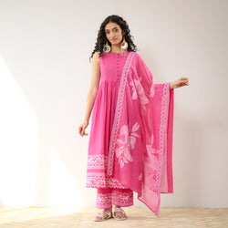 Daisy Cotton Kurta Set with Dupatta - Pink