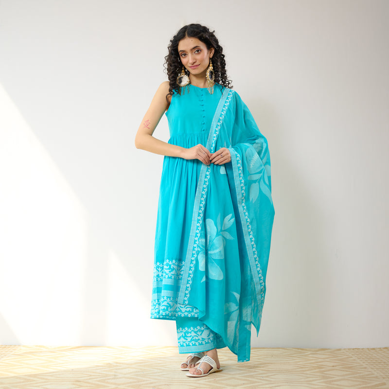 Daisy Cotton Kurta Set with Dupatta - Aqua Blue